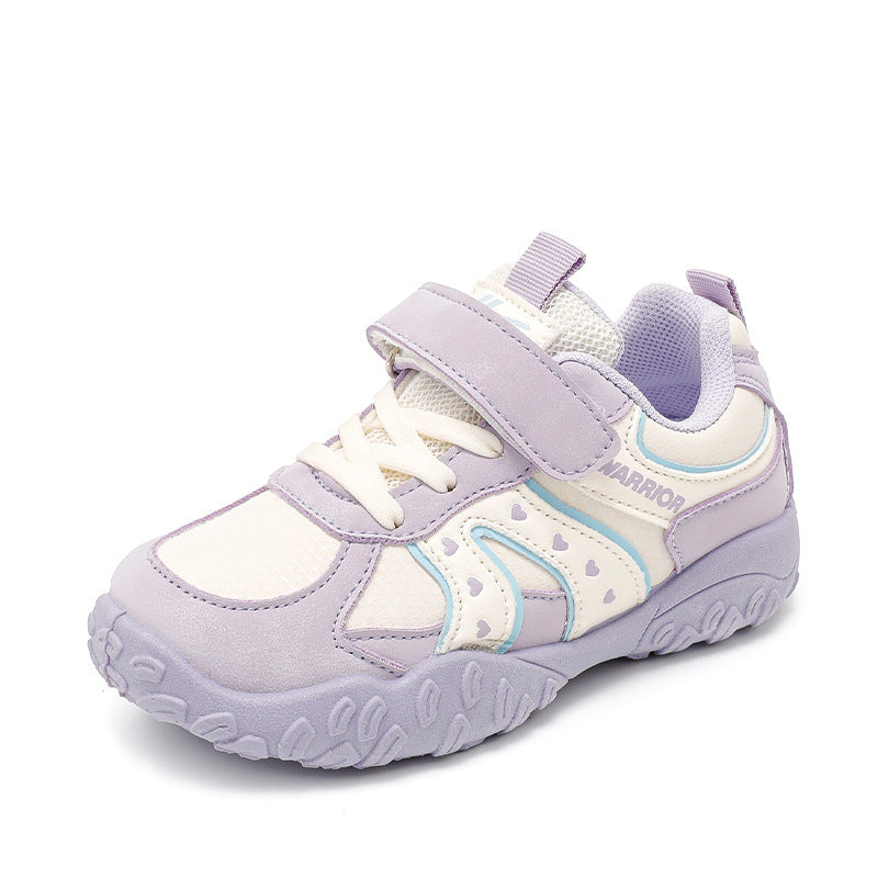 Ténis roxos em forma de coração para raparigas, sapatos casuais novos em pele de outono, sapatos infantis guerreiros, sapatos leves para pneu com sola
