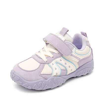 Ténis roxos em forma de coração para raparigas, sapatos casuais novos em pele de outono, sapatos infantis guerreiros, sapatos leves para pneu com sola