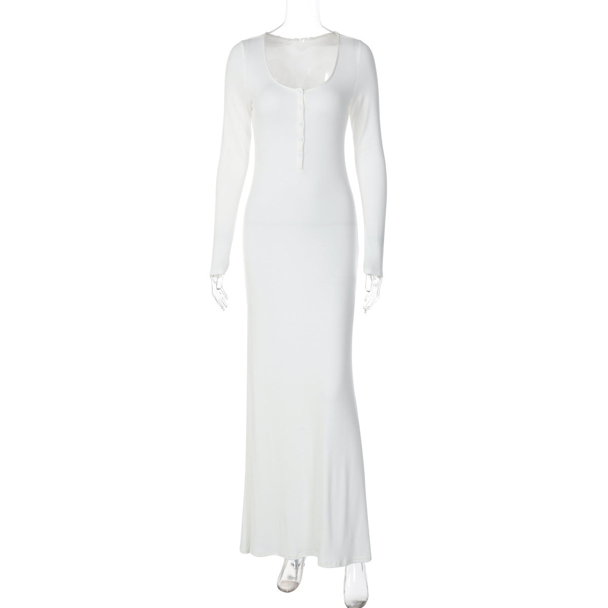 Vestido elegante elegante, de cor sólida, bestseller transfronteiriço da Amazon, confortável, de corte slim, botões e decote em U, manga longa e manga longa, justo nas ancas, para mulheres