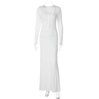 Vestido elegante elegante, de cor sólida, bestseller transfronteiriço da Amazon, confortável, de corte slim, botões e decote em U, manga longa e manga longa, justo nas ancas, para mulheres