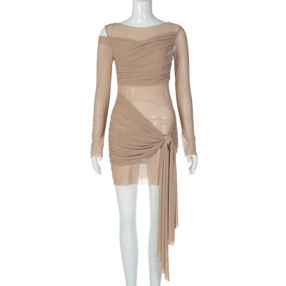 Vestido de retalhos em malha de manga comprida, ajustado e ajustado à cintura da moda ocidental, atravessado da moda transfronteiriça da Amazon