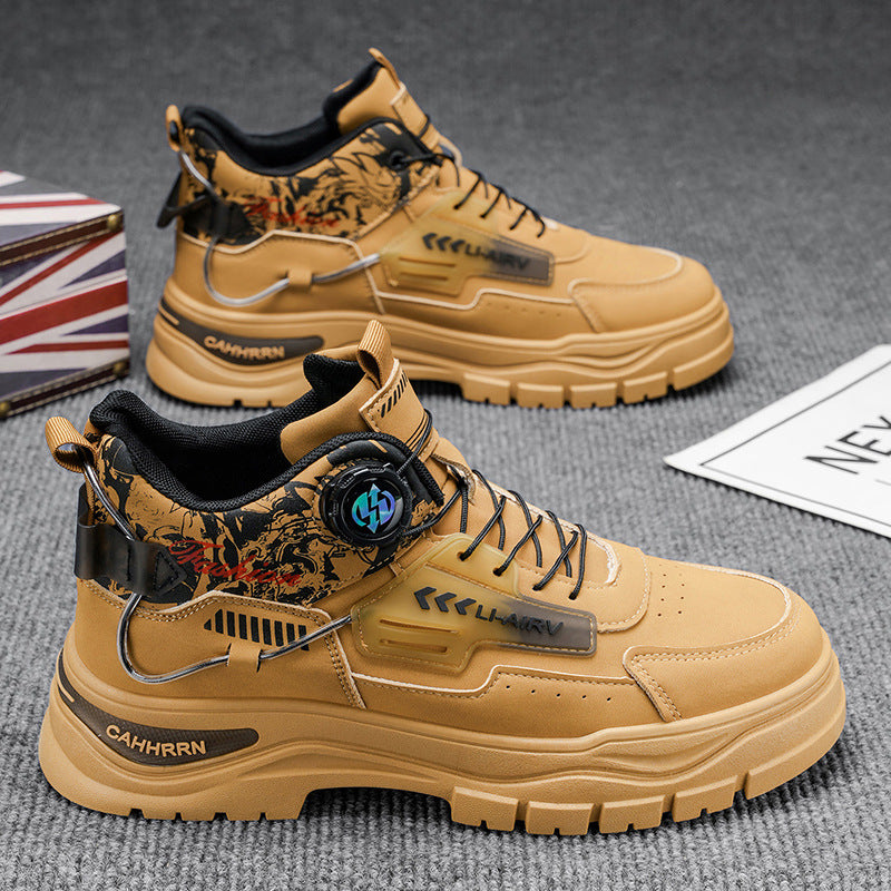 Botas de trabalho altas de sola grossa resistentes ao uso de outono para outono, botas de botões rotativas para o exterior da moda, botas Martin versáteis