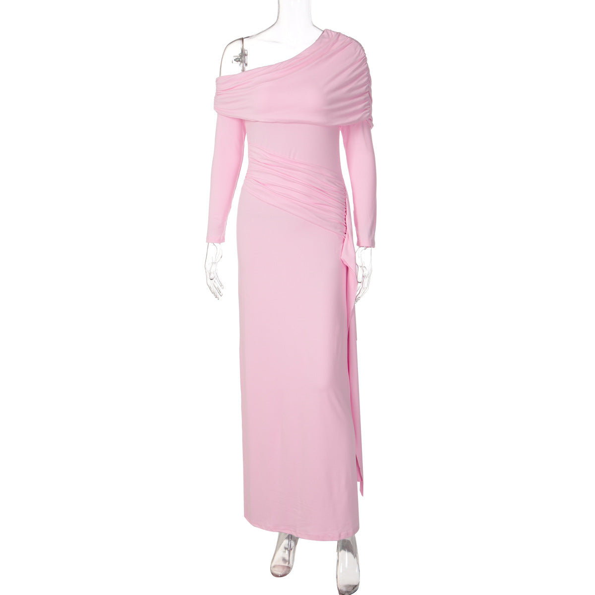 Verão 2026 Novo vestido feminino feminino transfronteiriço elegante de cor sólida com decote diagonal, envolvimento nas ancas, fita para emagrecer para mulheres
