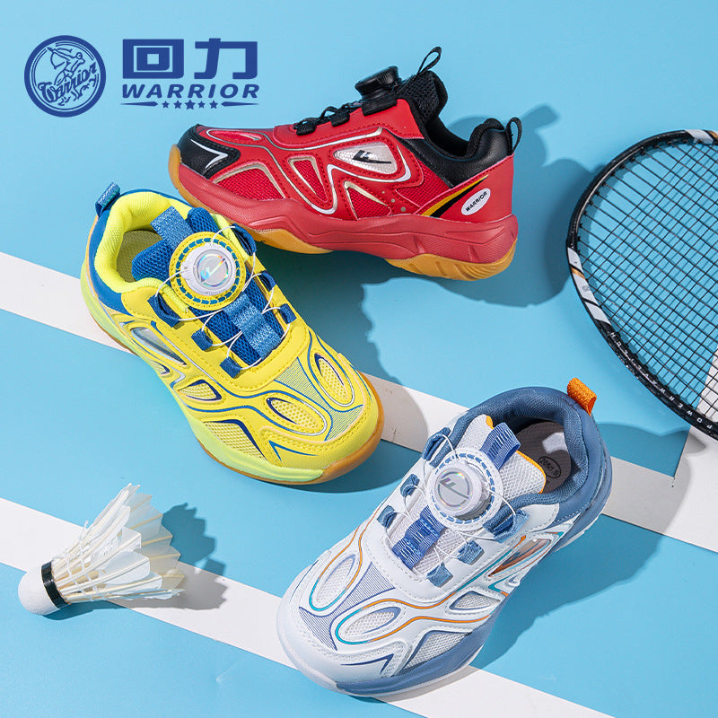 Sapatos vermelhos de rapazes com botões, sapatos de badminton em pele com rede fixe, sapatos infantis Warrior novos de outono, sapatos desportivos de interior