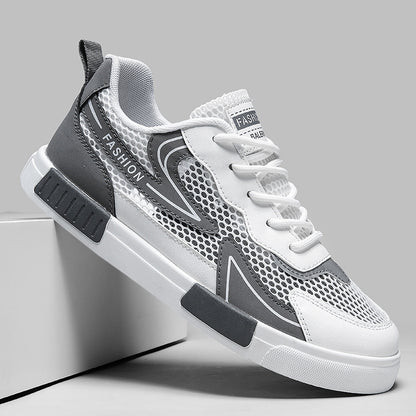 Ténis desportivos finos, respiráveis e ocos de malha para o verão masculino, sapatos casuais casuais versáteis e modernos para estudantes