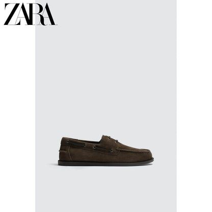 ZARA 2026 Primavera/Verão Sapatos Masculinos Novos com Acabamento em Camurça, Sapatos Casuais Náuticos de Couro 2442720 700