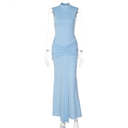 Vestido feminino feminino de cor sólida, de cor sólida, sem mangas, justo, na moda, fita longa e sexy