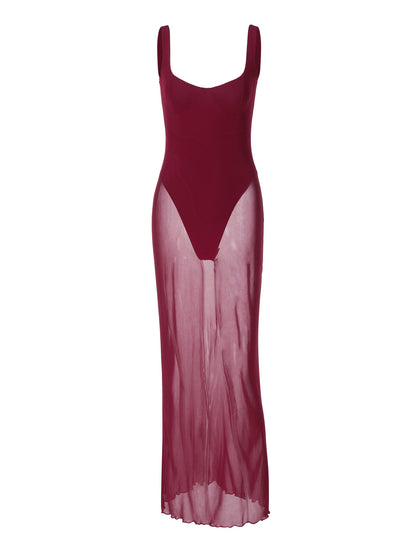 Novo vestido feminino europeu e americano da moda, slim-fit, de retalhos longos, com alças de retalho e retalhos