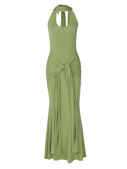Amazon Vestido de fita que aperta a cintura de cor sólida, elegante, versátil e de gola longa com gola alta, sem costas para mulheres