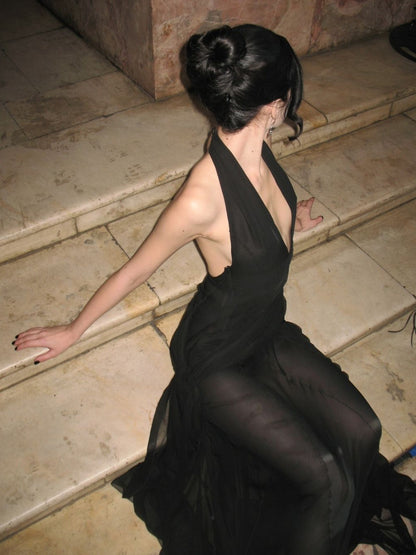 Moda feminina europeia e americana, vestido moderno oco em V profundo em retalhos, saia lateral com laço de cintura e laço para mulheres