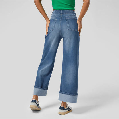 Primavera 2025 Novos Jeans de Cintura Alta Cruzada Europeu e Americano de Perna Direita com Perna Esticada e Bainha Enrolada Calças Casuais de Perna Larga para Mulher