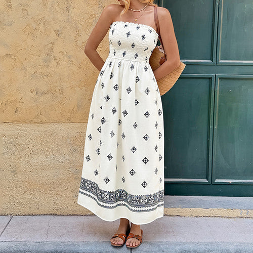 Primavera/verão 2026 novo vestido étnico sem alças, vestido comprido de cintura alta cruz europeu e americano para mulheres
