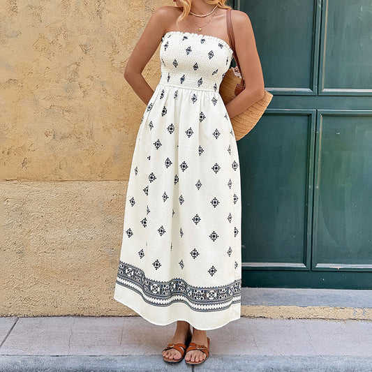 Primavera/verão 2026 novo vestido étnico sem alças, vestido comprido de cintura alta cruz europeu e americano para mulheres
