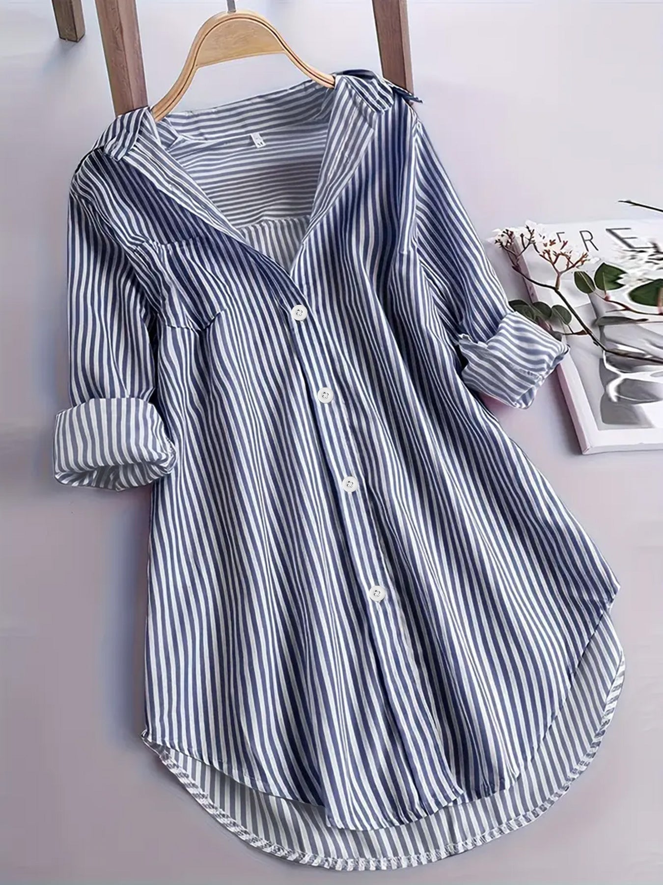 Nova exportação da Amazon, roupa feminina europeia e americana, camisa clássica às riscas, camisa casual larga de manga comprida com riscas