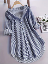 Nova exportação da Amazon, roupa feminina europeia e americana, camisa clássica às riscas, camisa casual larga de manga comprida com riscas
