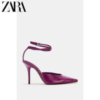 ZARA 2026 Verão Novo Sapatos Femininos Mules de Salto Alto com Tira no Tornozelo e Bico Fino 2268710 080