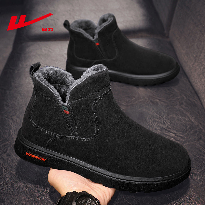 Botas de neve quentes forradas a lã guerreira, sapatos de algodão de inverno simples e de sola espessa, elegantes e versáteis para viagens ao ar livre