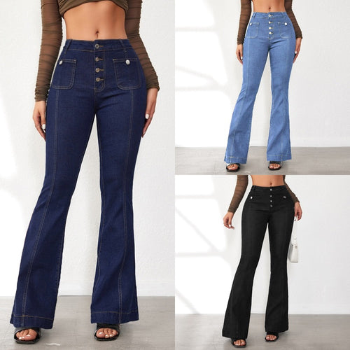 Novas Jeans Slim Slim Slim Flared da Amazon Primavera Transfronteiriça 2025 para mulher, calças compridas de cintura alta em retalhos em stock