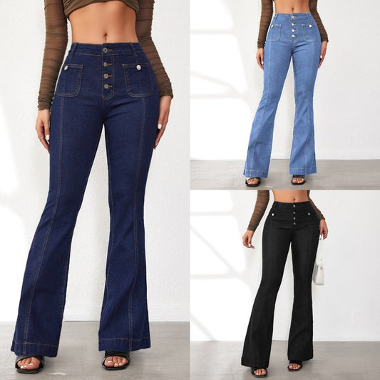 Novas Jeans Slim Slim Slim Flared da Amazon Primavera Transfronteiriça 2025 para mulher, calças compridas de cintura alta em retalhos em stock