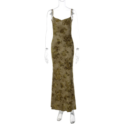 Vestido longo tie-dye sexy, maduro, moda europeia e americana, patchwork sem costas com decoração de correntes de ferro, vestido comprido justo e puro