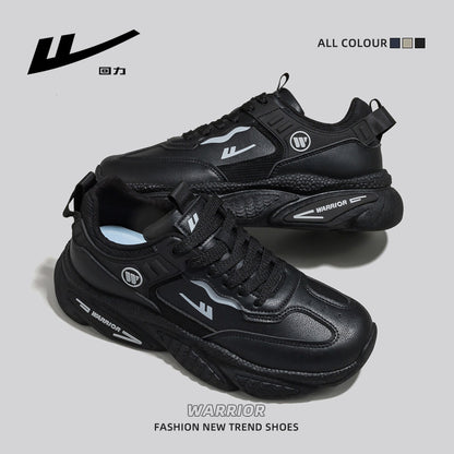 Sapatos Warrior de pele sólida com sola grossa, sapatos pretos de outono de topo baixo e estável, ténis desportivos para homens fáceis de usar e respiráveis