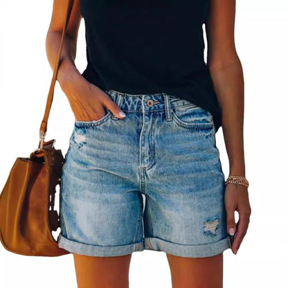 Verão 2025 eBay Amazon Wish Street Roled Edge Calças Rasgadas Calças de Ganga Femininas Calças de Ganga Comércio Exterior Comércio Na Moda