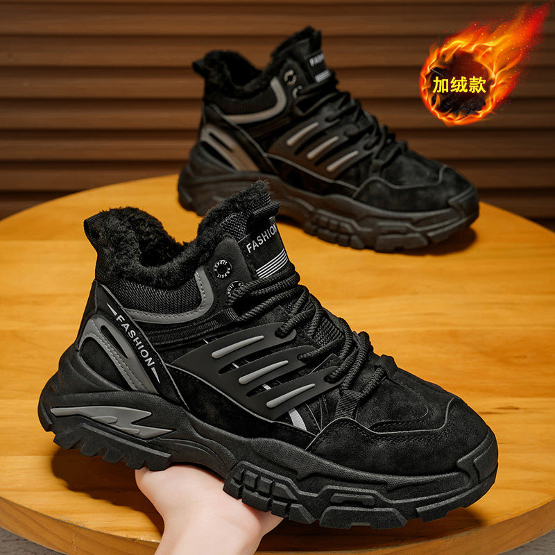 Sapatos Masculinos 2025 Novos Invernos Casuais Forrados a Fleece Calor Espessado Aumento de Altura Caminhadas Masculinas Martin Desporto Pai Sapatos Modernos