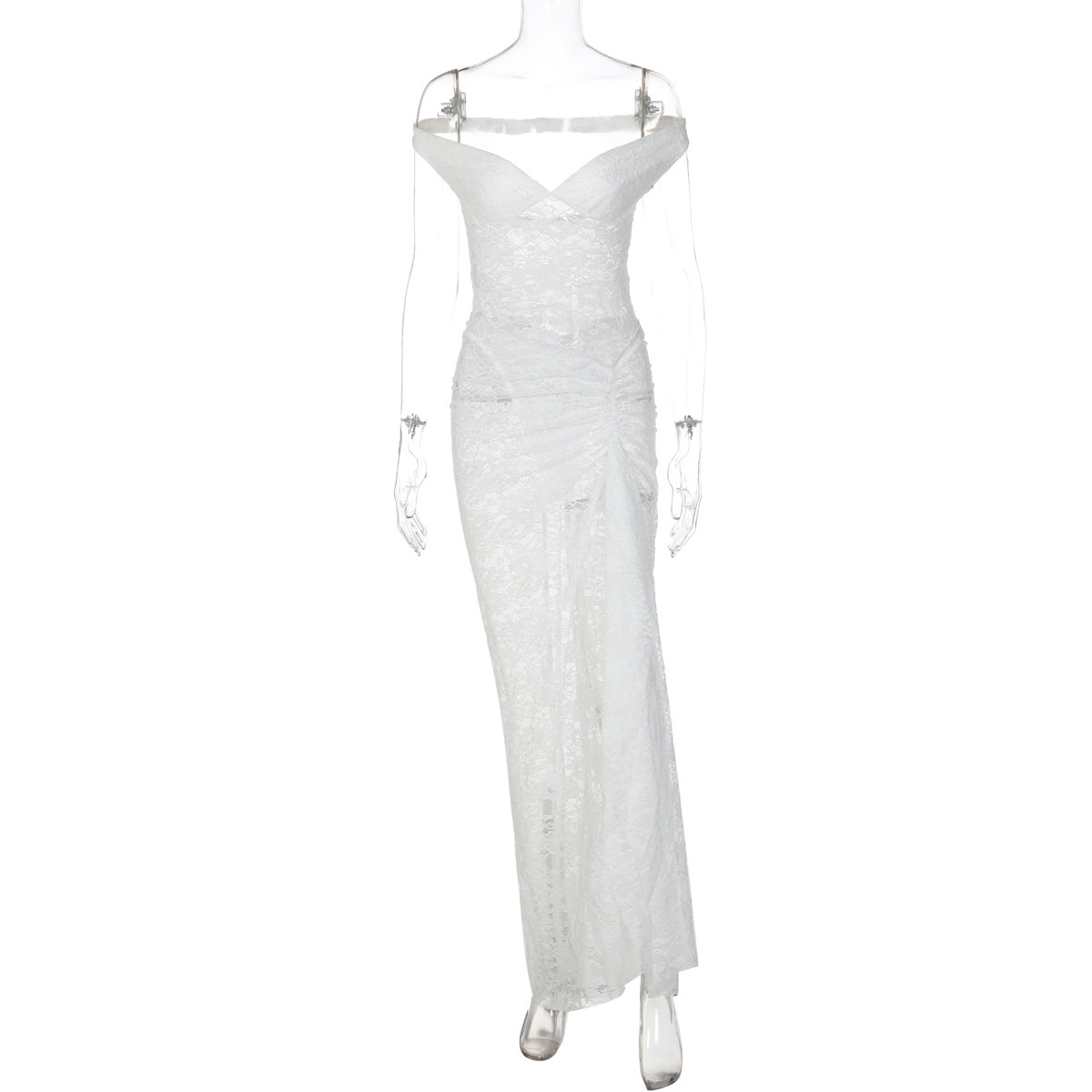 Conjunto de vestido longo de verão transfronteiriço, europeu e americano, com retalhos sexy, ombros sem costas, de renda translúcida com fendas, conjunto de vestido comprido para mulheres