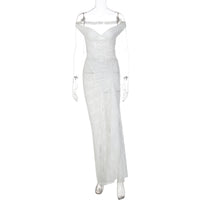 Conjunto de vestido longo de verão transfronteiriço, europeu e americano, com retalhos sexy, ombros sem costas, de renda translúcida com fendas, conjunto de vestido comprido para mulheres
