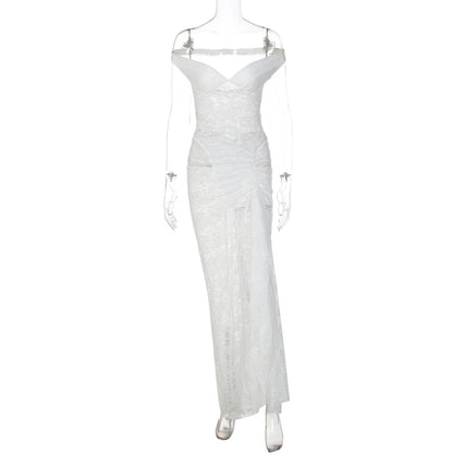 Conjunto de vestido longo de verão transfronteiriço, europeu e americano, com retalhos sexy, ombros sem costas, de renda translúcida com fendas, conjunto de vestido comprido para mulheres