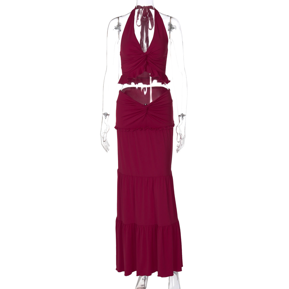 Moda feminina europeia e americana, novo conjunto sexy de vestidos longos com decote em V com borda com folhos e alças longas torcidas para mulheres
