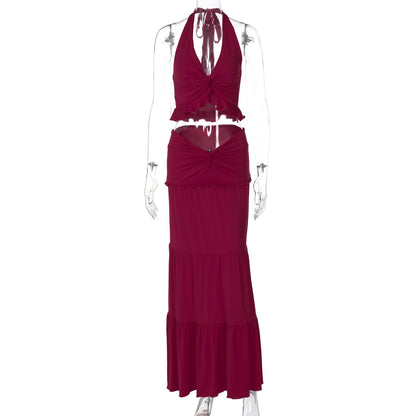 Moda feminina europeia e americana, novo conjunto sexy de vestidos longos com decote em V com borda com folhos e alças longas torcidas para mulheres