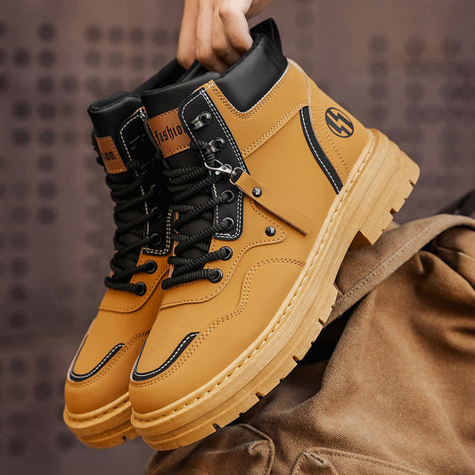 Botas Martin de Homem Roupa de trabalho de outono de estilo britânico de cano alto Botas de trabalho amarelas grandes para camisola desportiva casual masculina para caminhadas ao ar livre com sola grossa