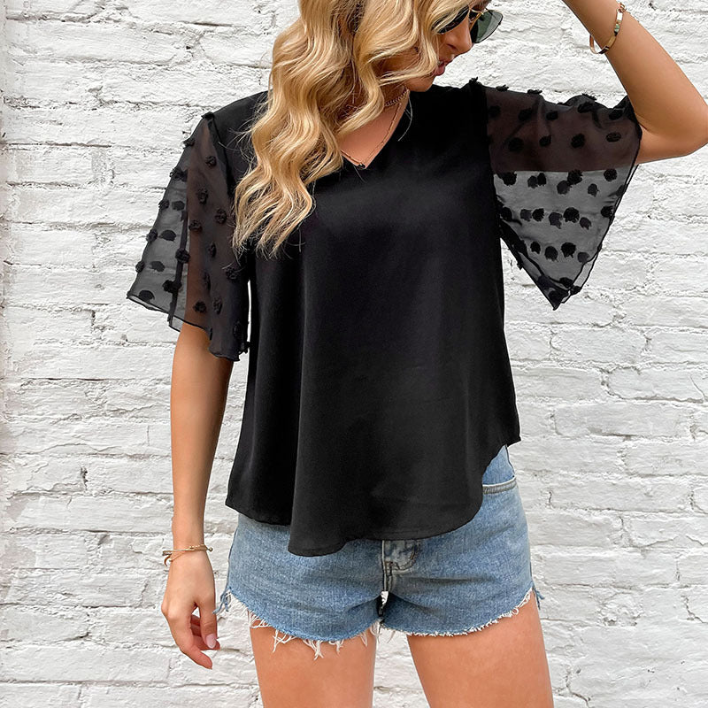 AliExpress Nova camisa transfronteiriça de verão 2024, europeia e americana, de manga curta e decote em V transparente