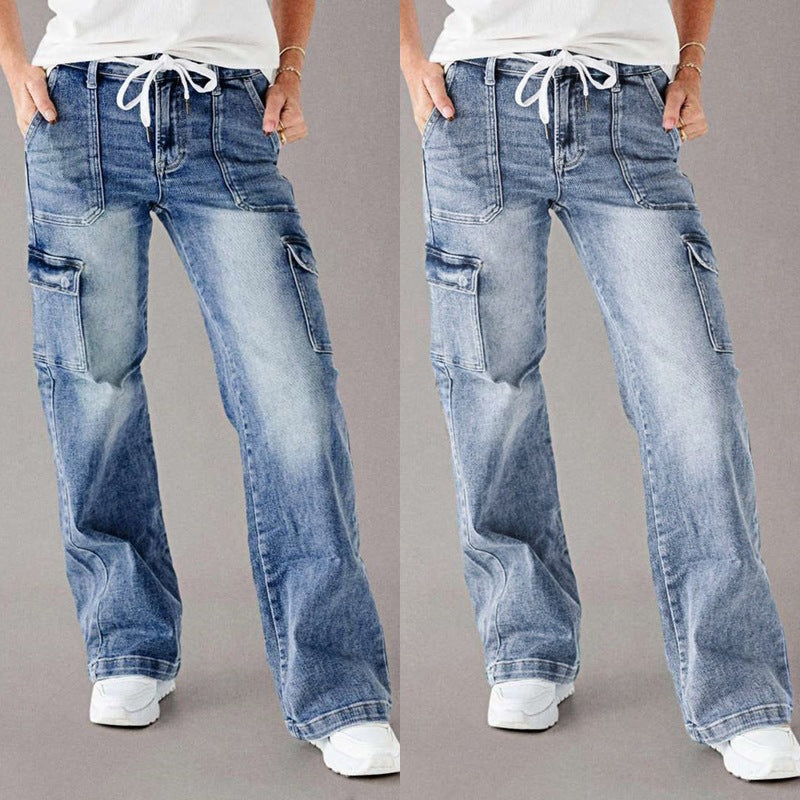 Em Stock Europeu e Americano Outono 2025 Novos Jeans de Atacadores para Mulher, Calças de trabalho casuais largas de perna direita, Lavadas