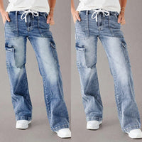 Em Stock Europeu e Americano Outono 2025 Novos Jeans de Atacadores para Mulher, Calças de trabalho casuais largas de perna direita, Lavadas