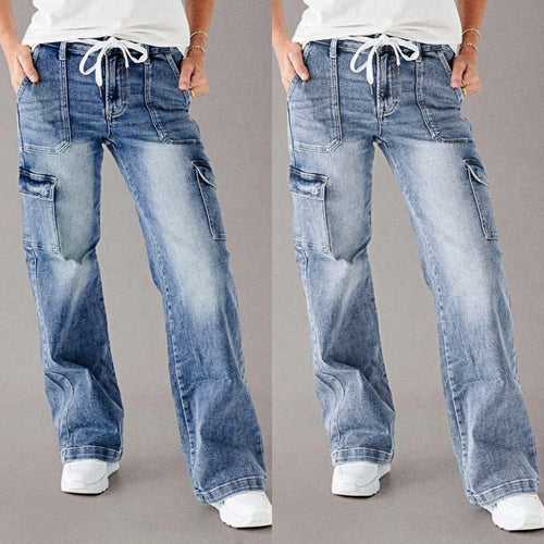 Em Stock Europeu e Americano Outono 2025 Novos Jeans de Atacadores para Mulher, Calças de trabalho casuais largas de perna direita, Lavadas