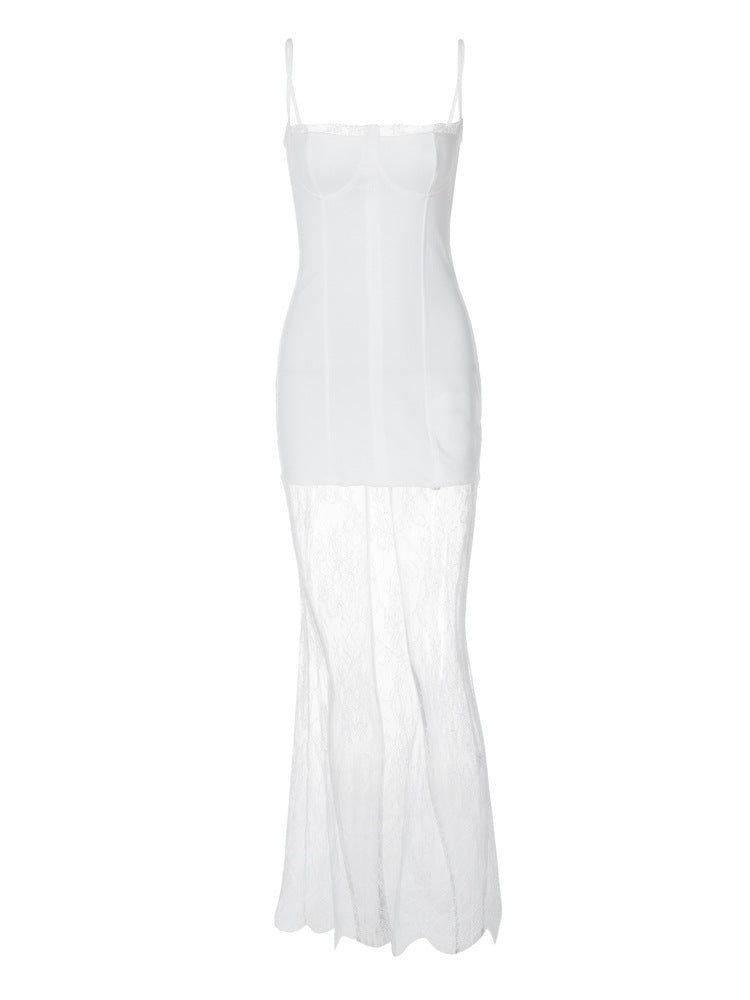 Vestido de moda feminino mais vendido da Amazon Export, vestido de alças longas em renda com alças translúcidas com ombros descobertos, ajustado e ajustado