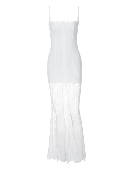 Vestido de moda feminino mais vendido da Amazon Export, vestido de alças longas em renda com alças translúcidas com ombros descobertos, ajustado e ajustado