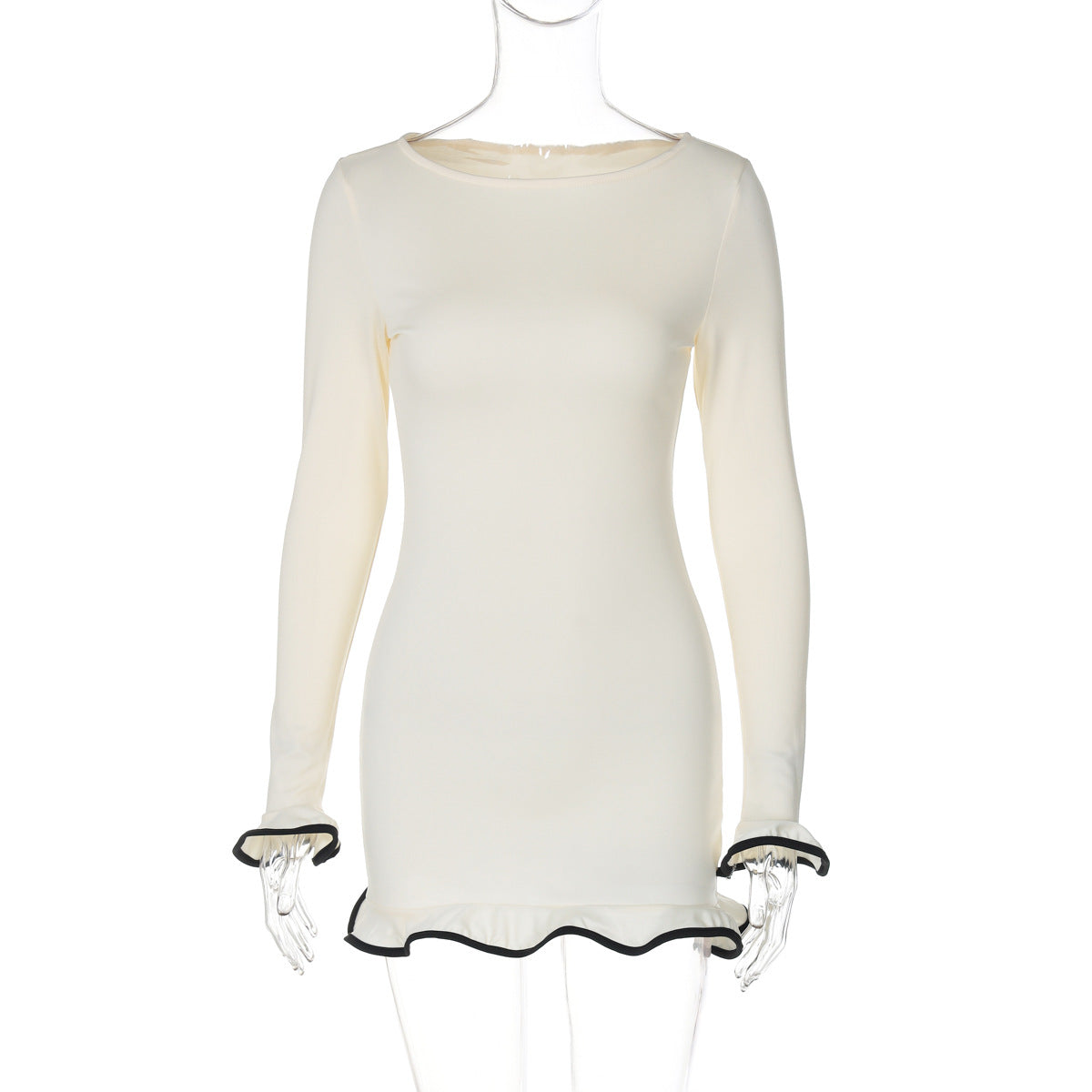 Saia curta justa e sexy, vestido com folhos, vestido de malha com borda enrolada, vestido feminino de verão de manga longa de cor sólida para exportação europeu e americano