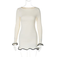 Saia curta justa e sexy, vestido com folhos, vestido de malha com borda enrolada, vestido feminino de verão de manga longa de cor sólida para exportação europeu e americano