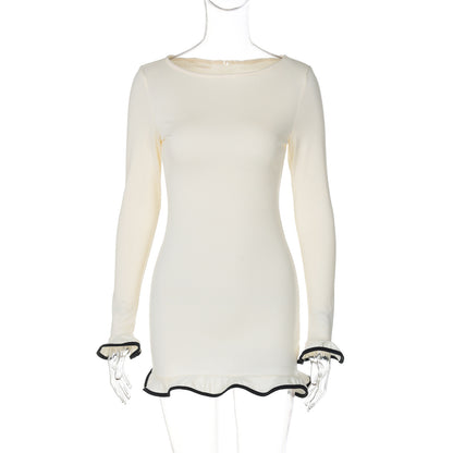 Saia curta justa e sexy, vestido com folhos, vestido de malha com borda enrolada, vestido feminino de verão de manga longa de cor sólida para exportação europeu e americano