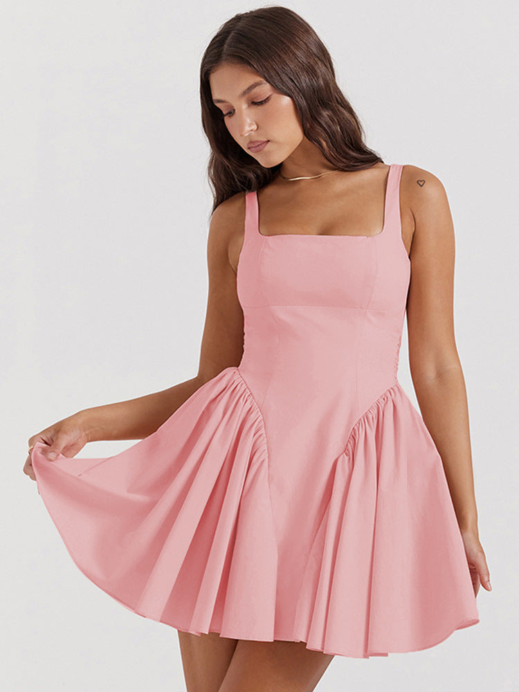 Verão transfronteiriço europeu e americano, novo vestido curto feminino feminino com alças sem costas, sexy de cor sólida e alças sem costas