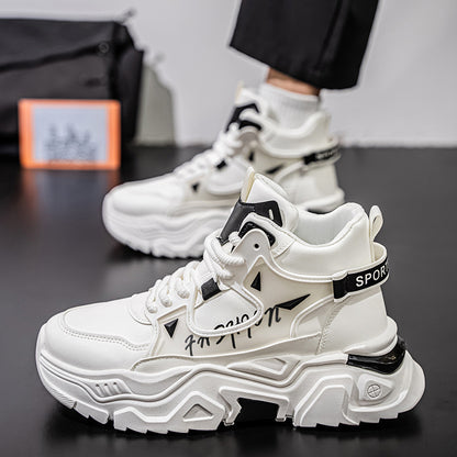 Sapatos masculinos de cano alto 2025 nova marca de outono na moda, ténis desportivos casuais versáteis, ténis brancos de pai com sola grossa e aumento de altura