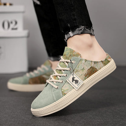Sapatos masculinos de lona, sapatos casuais casuais de uma perna e respiráveis e modernos de verão, sapatos masculinos de salto meio deslizante