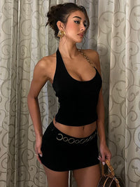 Comércio Estrangeiro: novo look de rapariga elegante de rua para mulheres em estilo de rua, cabresto de corrente e cobertura no peito, conjunto de saia curta ultra-curta e sexy