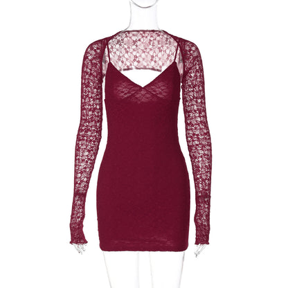 Vestido slipwork de renda sexy europeu e americano, vestido social de decote em V com design vermelho puro e atraente, rapariga atraente