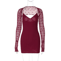 Vestido slipwork de renda sexy europeu e americano, vestido social de decote em V com design vermelho puro e atraente, rapariga atraente