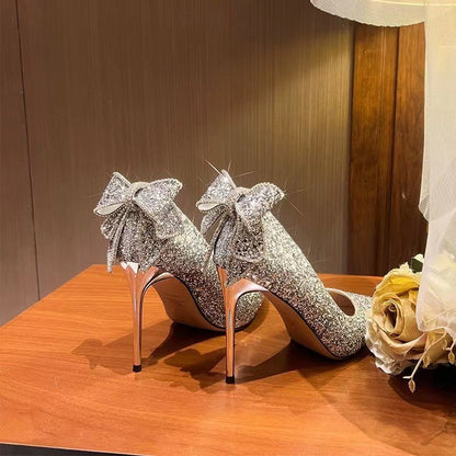 Primavera/Outono 2025 Novos Laços de Salto Alto de Diamante de Prata em Cristal para Mulher, Sapatos de Casamento Francês de Stiletto de Alta Qualidade para As Damas de Honor