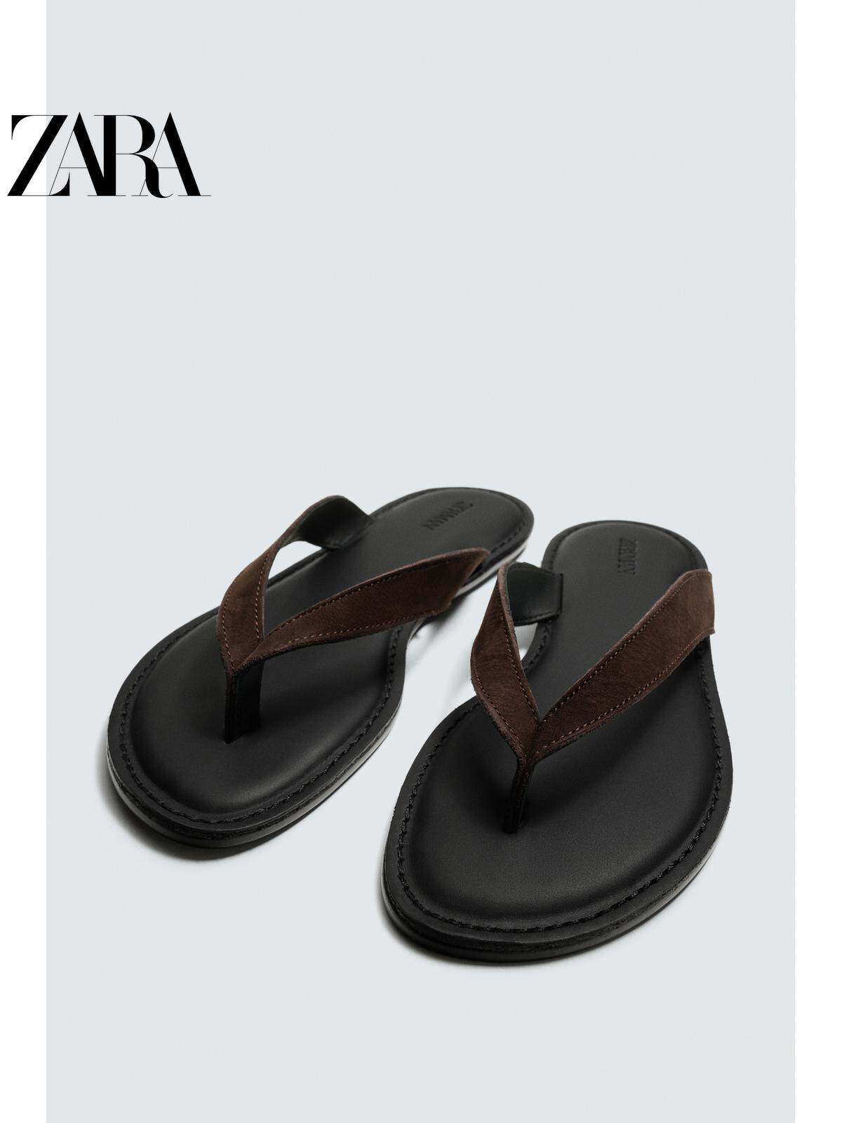 ZARA Coleção Primavera/Verão 2026 - Novos Sapatos Masculinos: Chinelos Rasteiros de Couro com Tiras e Blocos de Cores 2753720 721